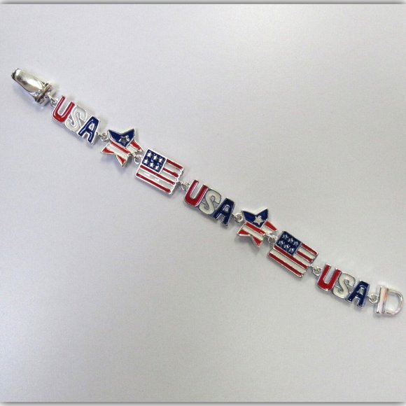 Silver Plated USA American Flag Patriotic Charm Bracelet W/ Magnetic Clasp - Picture 1 of 4